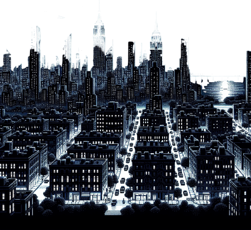 8 bit image city of newyork with black sky night.
Single Game Texture.  In-Game asset.  2d.  Blank background.  High contrast.  No shadows