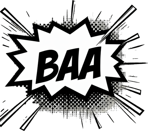 a white text bubble that says "baa," comic book style..
Single Game Texture. In-Game asset. 2d. Blank background. High contrast. No shadows.