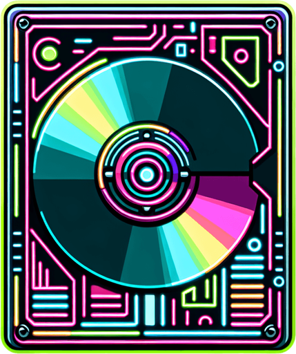 retro cyberpunk datadisk in neon colors.
Single Game Texture. In-Game asset. 2d. Blank background. High contrast. No shadows.