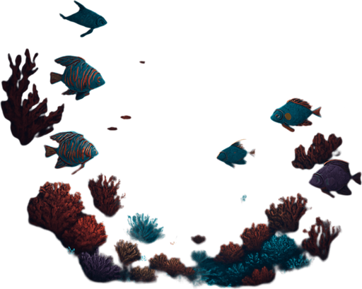 A fantasy underwater scene in a dark deep ocean, illustrated in highly detailed fantasy art style. The background is a dark abyss with faint rays of light piercing from above, casting soft glows through the water. At the bottom of the scene, vibrant and colorful coral reefs in hues of red, purple, teal, and orange spread across the sea floor. Exotic fish swim gently among the coral. The entire scene is viewed with a cinematic wide angle. Shadows of sea creatures loom faintly in the background. The water has particles suspended, giving it a mysterious and immersive depth. Bioluminescent algae softly glow in some areas of the coral. The overall tone is mysterious yet magical. Black background base. Ideal for a 5x5 grid overlay. No text, pure environment. 4K ultra-detailed fantasy illustration..
In-Game asset.  2d.  High contrast.  No shadows