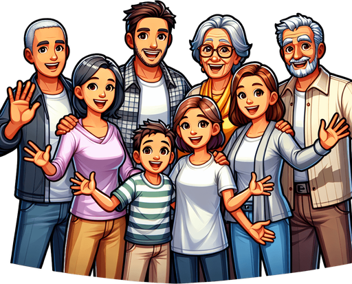 A smiling family waving..
Single Game Texture. In-Game asset. 2d. Blank background. High contrast. No shadows.