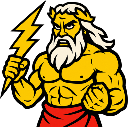 güçlü bir yıldırım tanrısı olan zeus çiz.
In-Game asset.  2d.  High contrast.  No shadows