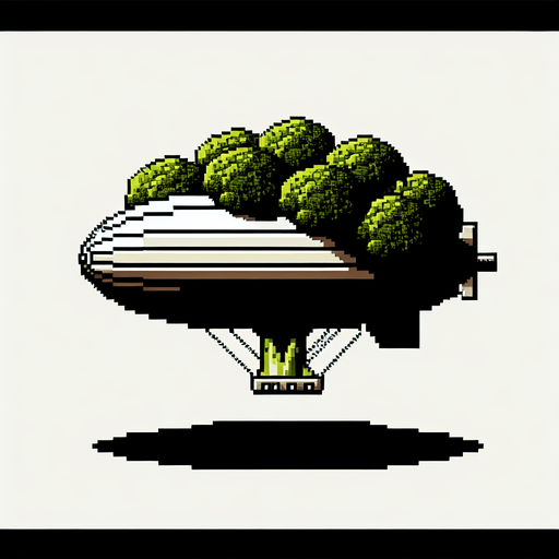 an evil broccoli airship.
Single Game Texture. In-Game asset. 2d. Blank background. High contrast. No shadows. 8bit