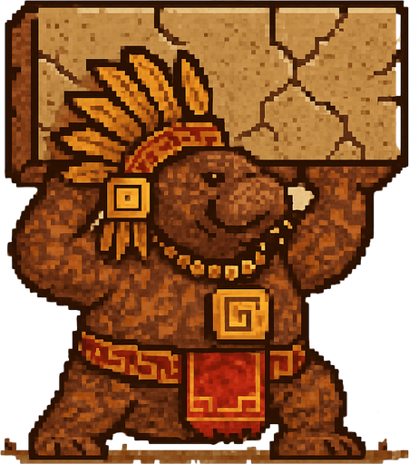 Generame un guerrero azteca con patrones, estilo pixelar, además será un animal manati con efectos de tierra, cargando un enrome muro. gigante.
In-Game asset.  2d.  High contrast.  No shadows