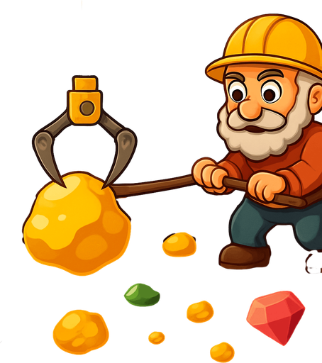 Fullscreen modern App Store landscape banner, 16:9, high definition, for a game titled "Gold Miner Classic" and with the description "Control a swinging claw to grab gold and gems from underground. Collect enough gold before time runs out to win each level.". No text on banner!