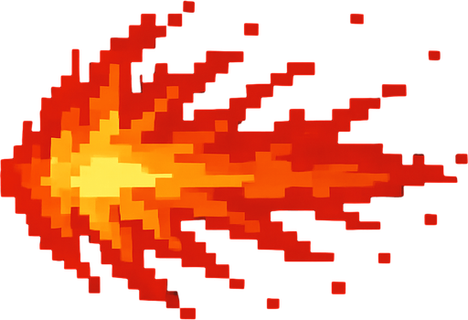 Ráfaga de fuego roja en pixel art.
In-Game asset.  2d.  High contrast.  No shadows