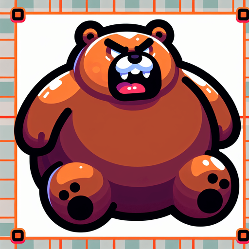 angry big bear, lying down and sleeping, top view, cartoon style.
Single Game Texture. In-Game asset. 2d. Blank background. High contrast. No shadows.