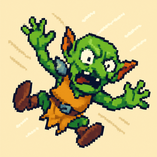 “Pixel art of a goblin falling through the air, viewed from top-down or slightly tilted angle. Arms and legs flailing, expression of surprise or fear, small fantasy armor pieces or tattered clothing. Wind or motion lines optional. Designed as a 2D game sprite, with exaggerated pose for clarity.”.
In-Game asset.  2d.  High contrast.  No shadows