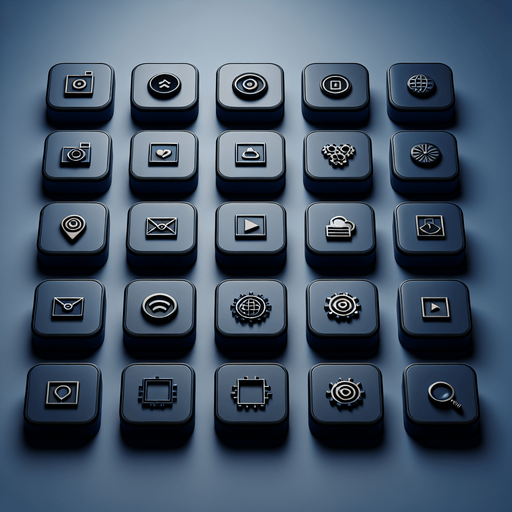 Collection of high definition modern rounded squares buttons.
icons : image, frame, ...
Simple backgrounds. 
Few dark-blue colours .