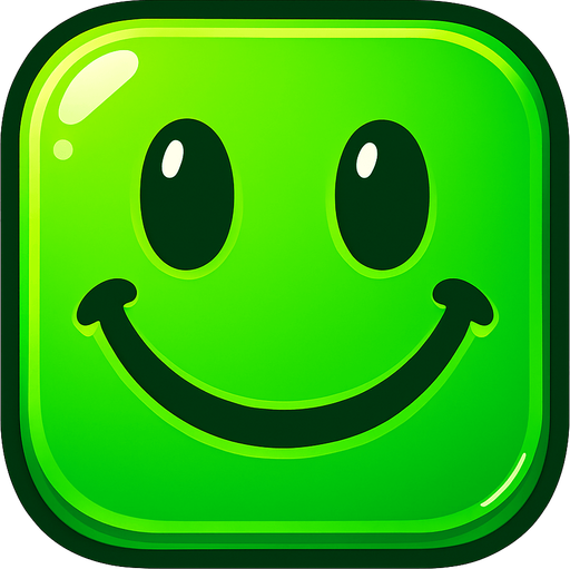 Can you draw a smiling face with rounded edges, green and shiny effect?.
In-Game asset.  2d.  High contrast.  No shadows