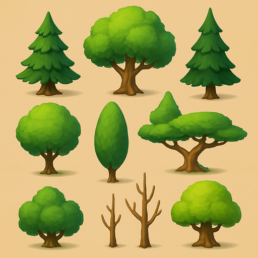 Pack of different tree, painted 3D tree, without black lines around it!
In-Game asset.  High contrast.  No shadows. 3D