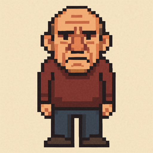bad regular frown casual old man full body 2d pixel art.
In-Game asset.  2d.  High contrast.  No shadows