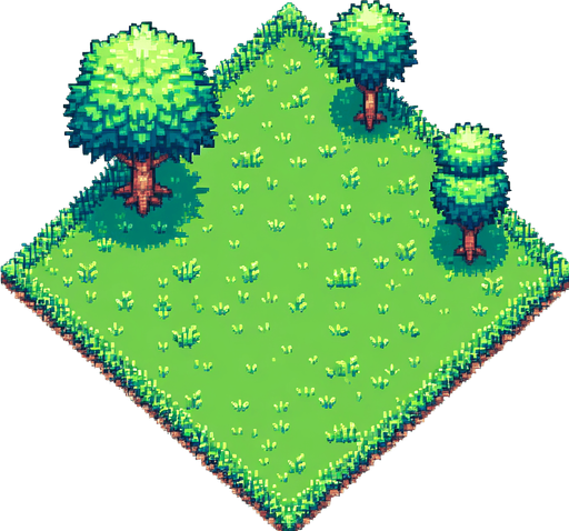 Pixel art, Top down view green grass and a couple trees.
Single Game Texture. In-Game asset. 2d. Blank background. High contrast. No shadows.