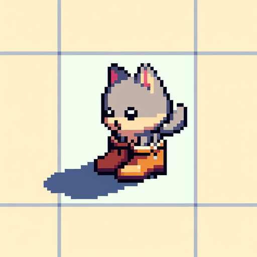 Çizmeli kedi pixel art.
Single Game Texture.  In-Game asset.  2d.  Blank background.  High contrast.  No shadows