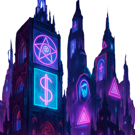 Neon cyberpunk skyscraper occult capitalist 3d hologram billboards futuristic elaborate architecture multidimensional towering city spires glowing