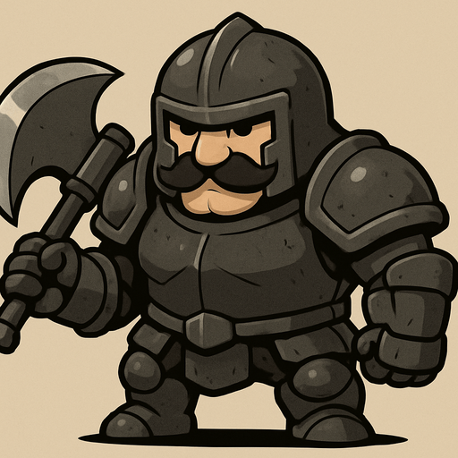 Un guerrero acorazado en estilo chibi de cuerpo completo, de cuerpo bajo y ancho, con una gran armadura pesada de hierro gris oscuro que cubre casi todo su cuerpo. Un casco de hierro de aspecto rudo, dejando ver un bigote italiano chistoso y exagerado. La armadura es muy voluminosa, con hombreras redondeadas, brazales gruesos y botas metálicas, transmitiendo la idea de fortaleza e impenetrabilidad. Sostiene un enorme hacha de batalla de doble filo, desproporcionada en estilo chibi, que enfatiza su poder de ataque. Su expresión es ruda pero cómica gracias al bigote, dándole un aire intimidante y gracioso a la vez..
In-Game asset.  2d.  High contrast.  No shadows