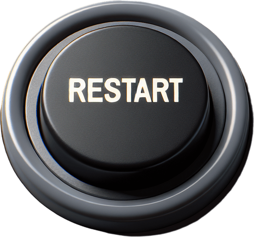 photorealistic black colored round button with restart text on grey gameboy, front view