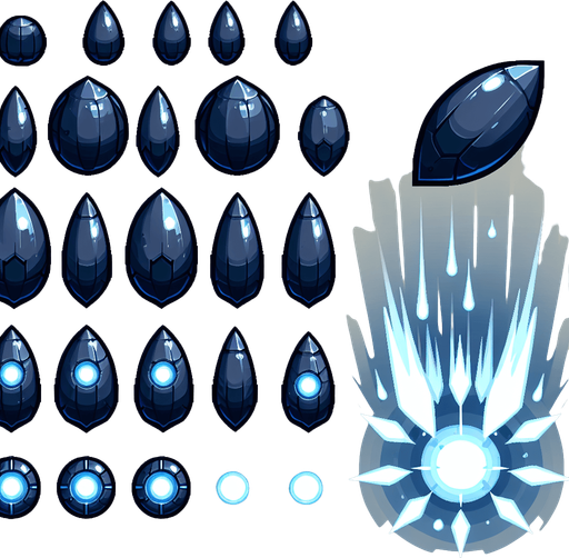 A sprite sheet of energy projectiles. Dark blue projectiles tear shaped with light blue energy core.
Single Game Texture. In-Game asset. 2d. Blank background. High contrast. No shadows.