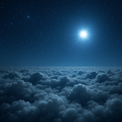 above the clouds by a bright night, no visible moon
Photorealistic