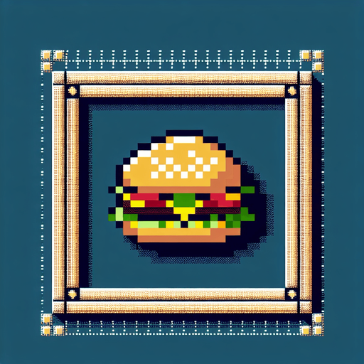 burger.
Single Game Texture. In-Game asset. 2d. Blank background. High contrast. No shadows. 8bit. no background.