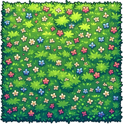 Grass and flower type floore.
Single Game Texture. In-Game asset. 2d. Blank background. High contrast. No shadows.