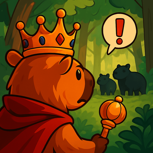 El rey ve al fondo del bosque a los capybaras negros. El esta de espaldas y a su lado sale un signo de exclamacion.