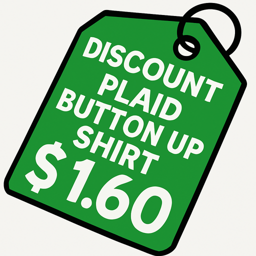 green price tag that says discount plaid button up shirt $1.60.
In-Game asset.  2d.  High contrast.  No shadows