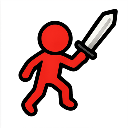 Red stickman with a sword.
In-Game asset.  2d.  High contrast.  No shadows. Topdown