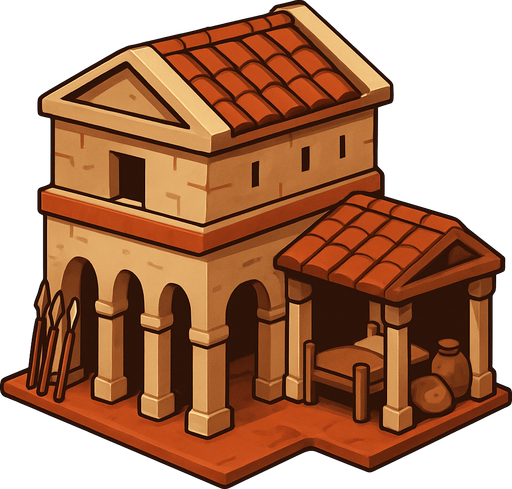 Anciet world barracks, no words.
In-Game asset.  2d.  High contrast.  No shadows