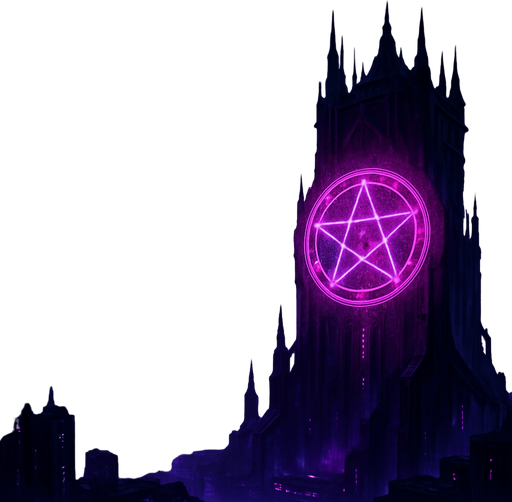 16:9 banner, Neon cyberpunk horror landscape scene futuristic spires skyscrapers towers skyline hologram sigils lovecraftian bladerunner tower defense neon purple blue pink occult sigils projections 3d