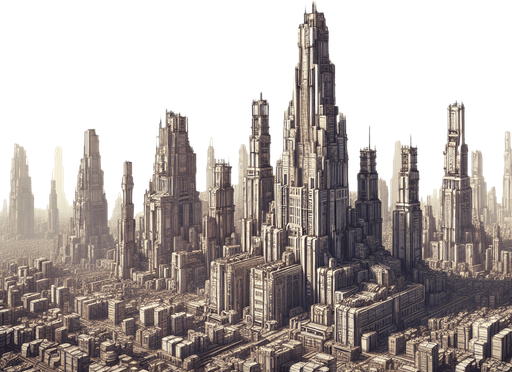 create a city with buidlings.
Single Game Texture.  In-Game asset.  2d.  Blank background.  High contrast.  No shadows