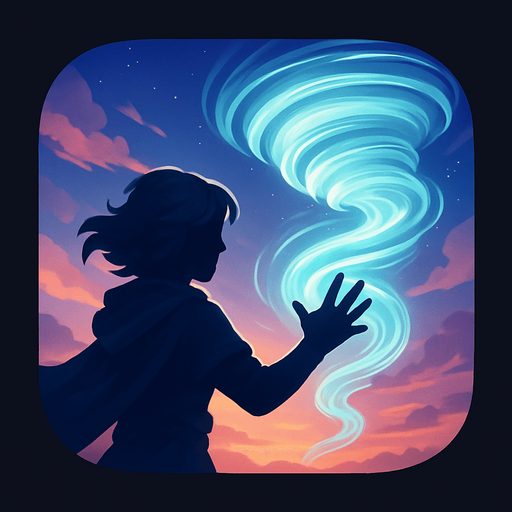 Modern App Store icon, high definition, square with rounded corners, for a game titled "Air Weaver" and with the description "A mystical adventure where you control the element of air through touch gestures. Harness wind currents, create tornadoes, and manipulate your environment by moving your hands across the screen. Master your air powers to overcome obstacles and restore balance to a world disrupted by chaotic weather patterns.". No text on icon!