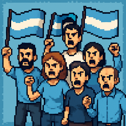 Un grupo de gente manifestando a cuerpo completo mirando al frente enojada con banderas argentinas, todo en pixel art.
In-Game asset.  2d.  High contrast.  No shadows