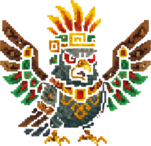 Genérame una paloma guerrero azteca con eso patrones, estilo pixelar, con una apariencia maligna, ojos rojos, rabioso. Unidad aerea con alas. Animal.
In-Game asset.  2d.  High contrast.  No shadows