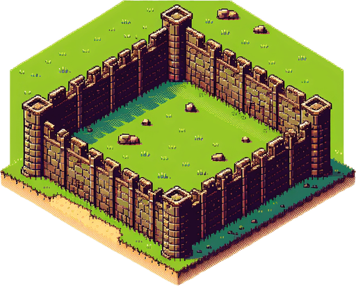 Make an ancient fortress wall facing north in an 8 bit style from a birds eye view.
Single Game Texture. In-Game asset. 2d. Blank background. High contrast. No shadows.