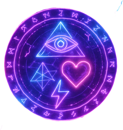 Magical spell effect 3d cyberpunk hologram sigils geometry eyeball heart lightning glow