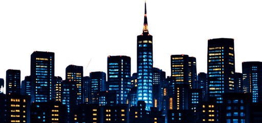 langit malam dikejauhan kota modern dengan lampu lampu sorot ke atas langit . anime 2d.  High contrast.  No shadows