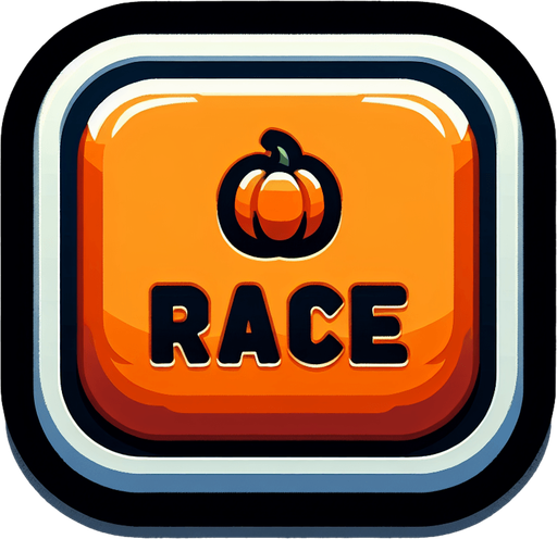 button that says race in orange, black outline of the letters. high contrast. has a pumpkin on it square button with rounded corners
Single Game Texture. In-Game asset. 2d. Blank background. High contrast. No shadows. png background