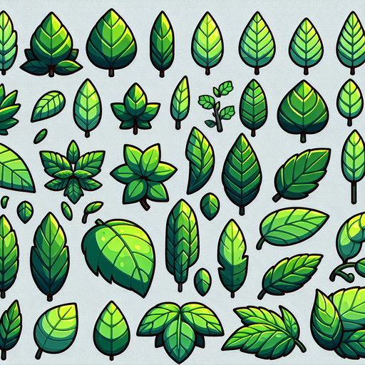 A sprite sheet of different green leaves. Cartoon..
Single Game Texture. In-Game asset. 2d. Blank background. High contrast. No shadows.
