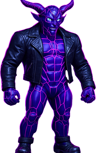 Black leather biker jacket longsleeves bare segmented neon cyberpunk pecs abs muscles robot monster hunk Neon cyberpunk 3d hologram corporate occult demon android mecha robot sentinel guard soldier machine monster fully in frame no part cut off no background anime futuristic Background removed, "Full-body character, entirely in frame, no cropping of face, head, or feet" "Complete character visible, from head to toe, fully centered in the image" "Entire character, including face and boots, fully within the frame" Character fully contained within a square frame, no edges cut off  horns through boots