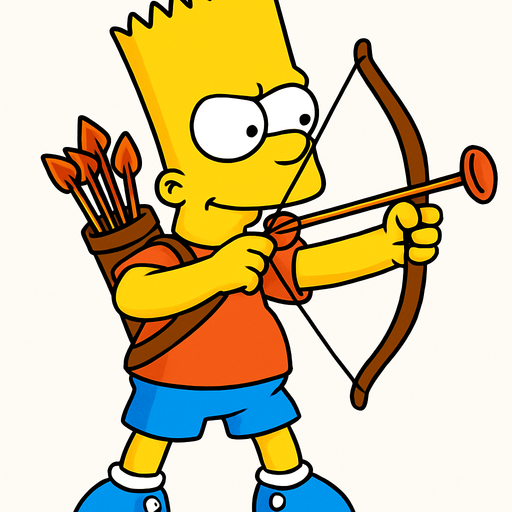 Bart holding a toy bow and has a quiver full of toy arrows.
In-Game asset.  2d.  High contrast.  No shadows
