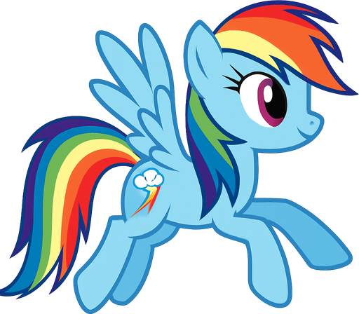 Rainbow Dash, flight position, 2D, side view.
In-Game asset.  2d.  High contrast.  No shadows