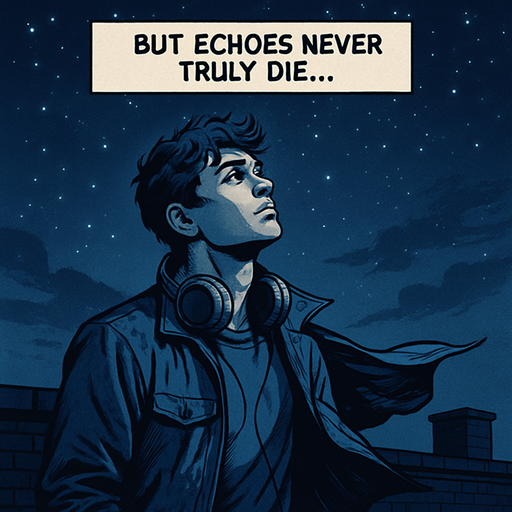2048x2048, realistic comic style. Night sky on a rooftop, Noah gazes at the stars with headphones around his neck. Gentle wind flutters his jacket. Deep blue, nostalgic color tones. Add a transparent narrator box at the top-center with the text: "But echoes never truly die...".
In-Game asset.  2d.  High contrast.  No shadows