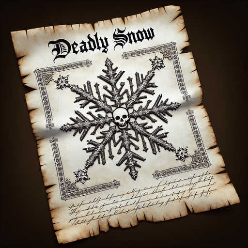 a pergament letter with the name "Deadly Snow". It has a snowflake in shape of a skull on it. Single Game Texture. In-Game asset. 2d. Blank background. High contrast. No shadows.