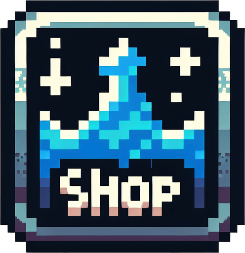 Water themed gui icon that has the text "Shop" on it. 8-bit art style..
Single Game Texture. In-Game asset. 2d. Blank background. High contrast. No shadows.