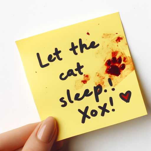 yellow stickyNote with
 "Let the cat sleep!
Xoxo!" text and a red-stain.