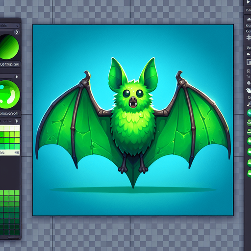 green bat.
Single Game Texture. In-Game asset. 2d. Blank background. High contrast. No shadows.