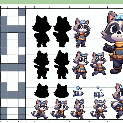 A spritesheet with a number of poses of a cartoonish raccon cub in scuba gear, smiling, walking, waiting, standing, ordering, turning, etc. all seen from the side.The spritesheet should be laid out in a rectangular grid with clear space between each individual sprite. Each sprite in the sheet should be around 300x600 pixels in size..
Single Game Texture. In-Game asset. 2d. Blank background. High contrast. No shadows.