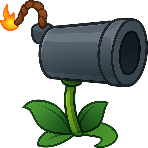 A peashooter with a cannon as the head and a lit fuse
. No background. Transparent background. Blank background. No shadows. 2d. In-Game asset. flat