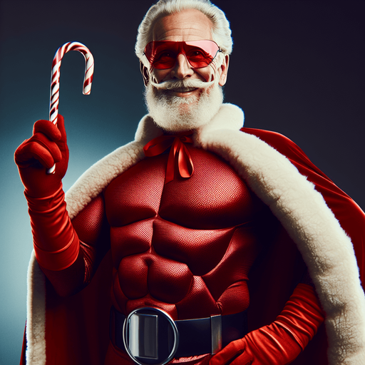 A old super hero Santa Claus holding a candy cane in his hand High contrast.